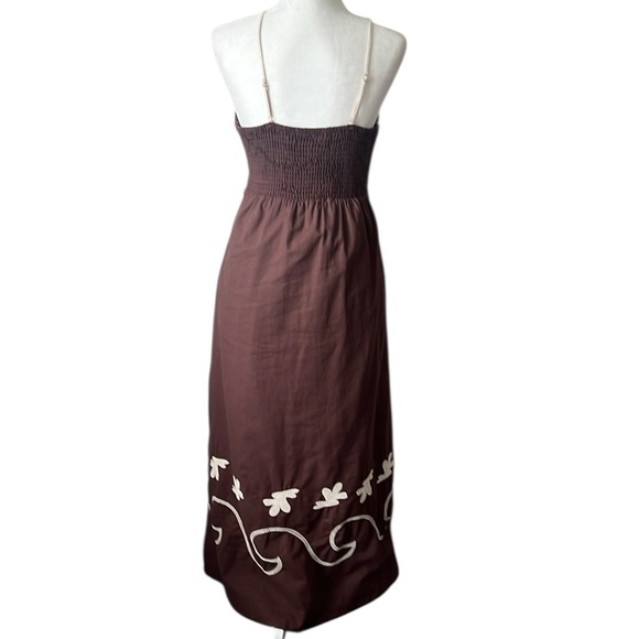 Mon Renn Brown Cream Embroidered Smock Back Midi Sundress Pockets US Large - Picture 6 of 14